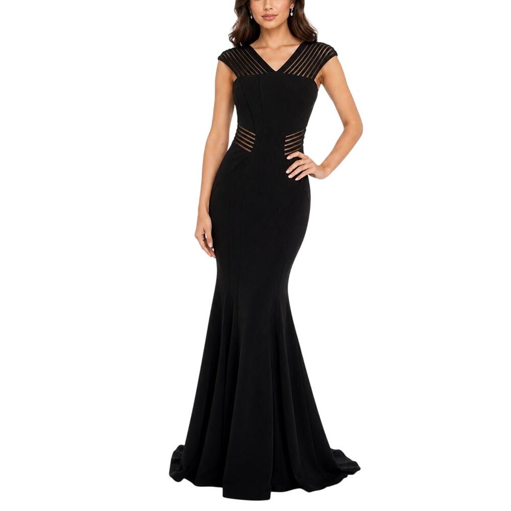 Betsy & Adam Black Evening Gown Cap Sleeve V-Neck Formal Mermaid Dress Size 8